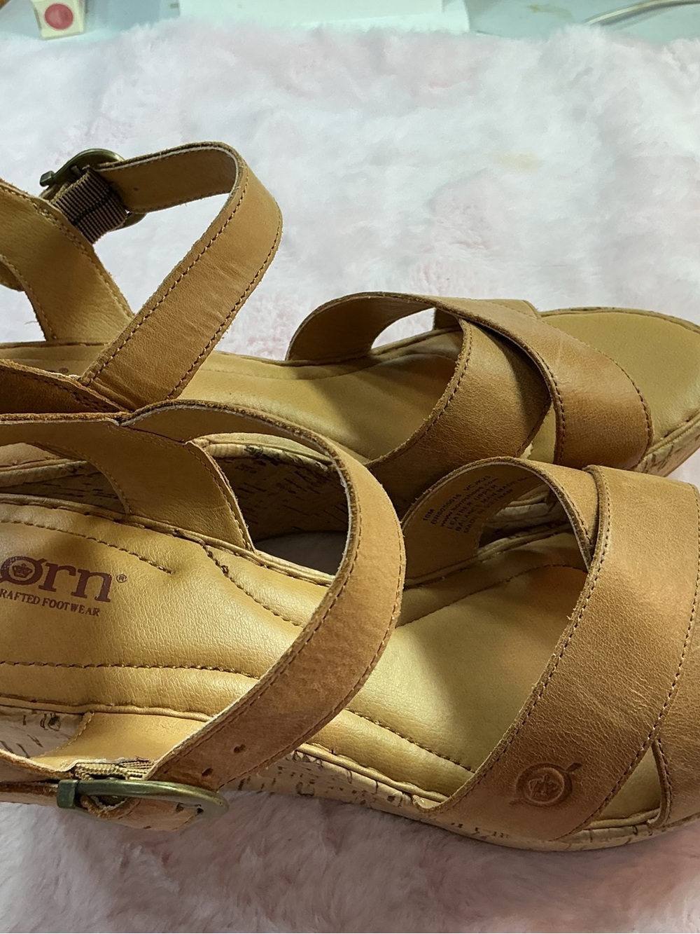 Born Cognac Brown Leather Crisscross Wedge Sandals c130 - Picture 2 of 7